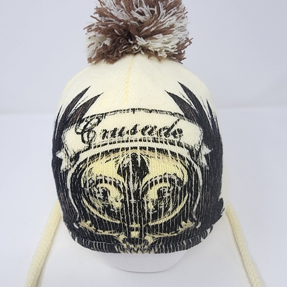 HYP Crusade Beanie OS Graphic Print Knit Ear Flap Tassel Hat Yellow Y2K Style